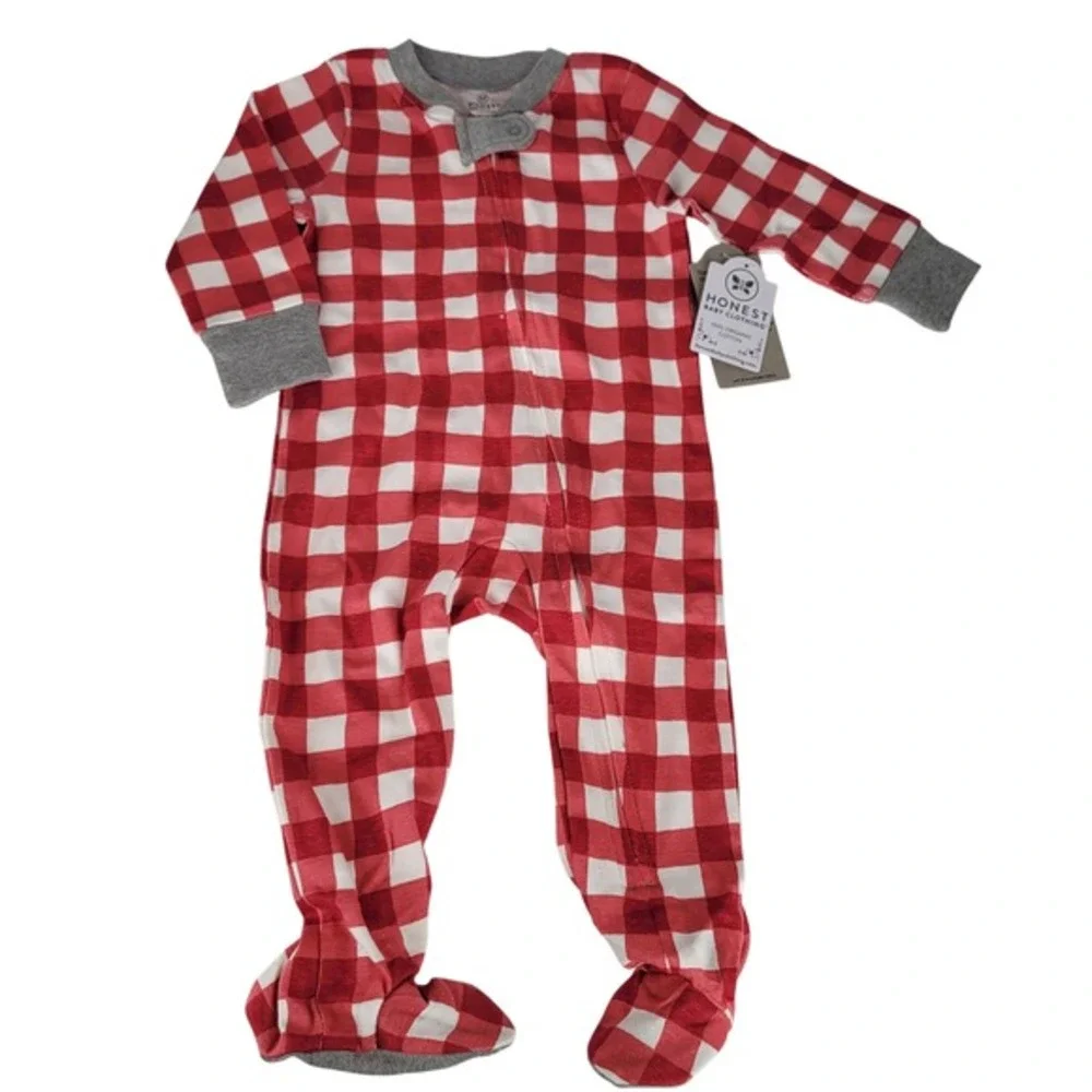 NEW Honest Baby Footie Pajama One Piece Red Buffalo Plaid Organic Cotton 6 9 Mos